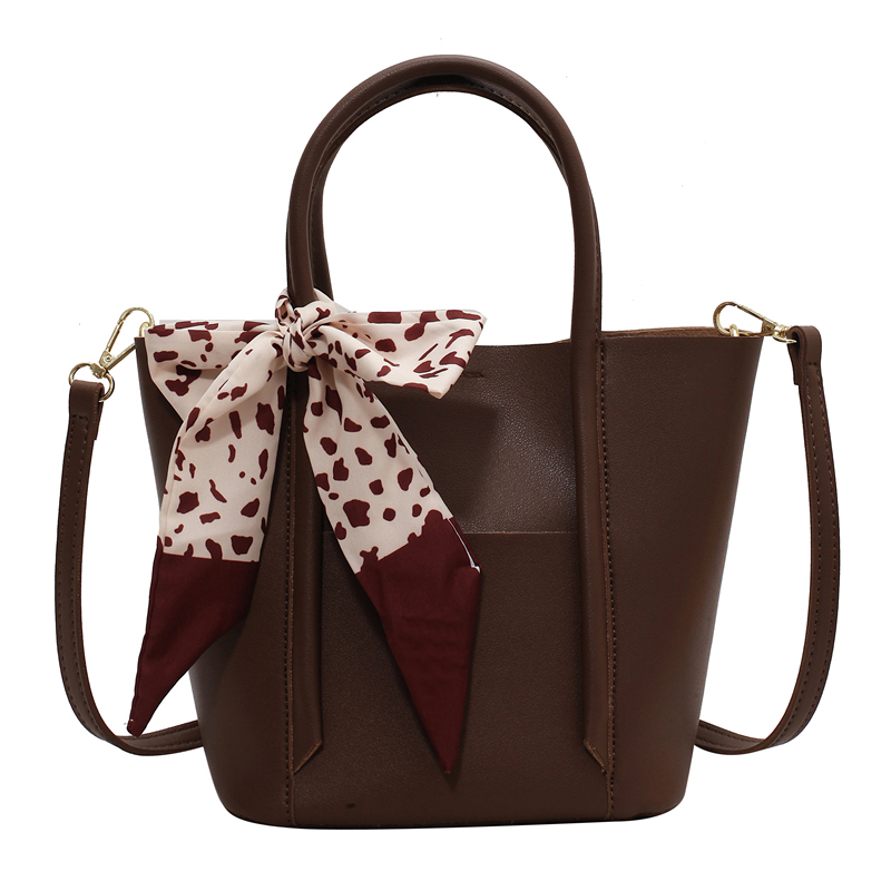 Dark Brown Tote Bag with Scarf Bow and Shoulder Strap